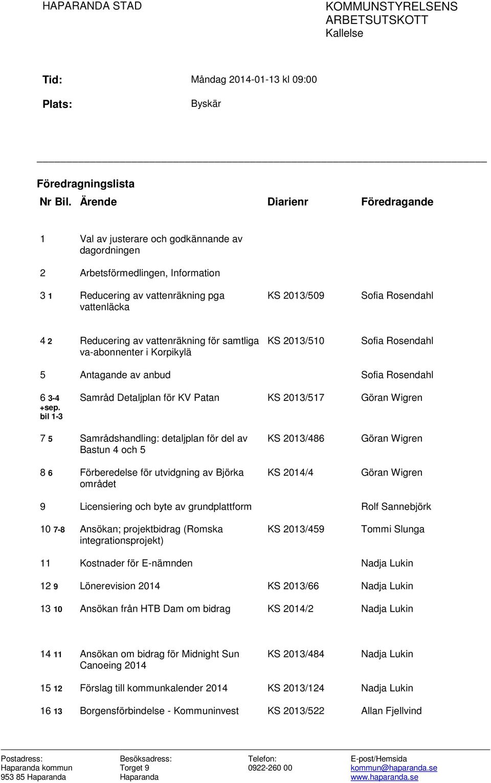 Reducering av vattenräkning för samtliga va-abonnenter i Korpikylä KS 2013/510 Sofia Rosendahl 5 Antagande av anbud Sofia Rosendahl 6 3-4 +sep.