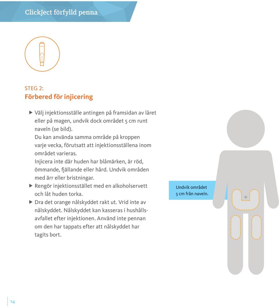 Injicera inte där huden har blåmärken, är röd, ömmande, fjällande eller hård. Undvik områden med ärr eller bristningar.
