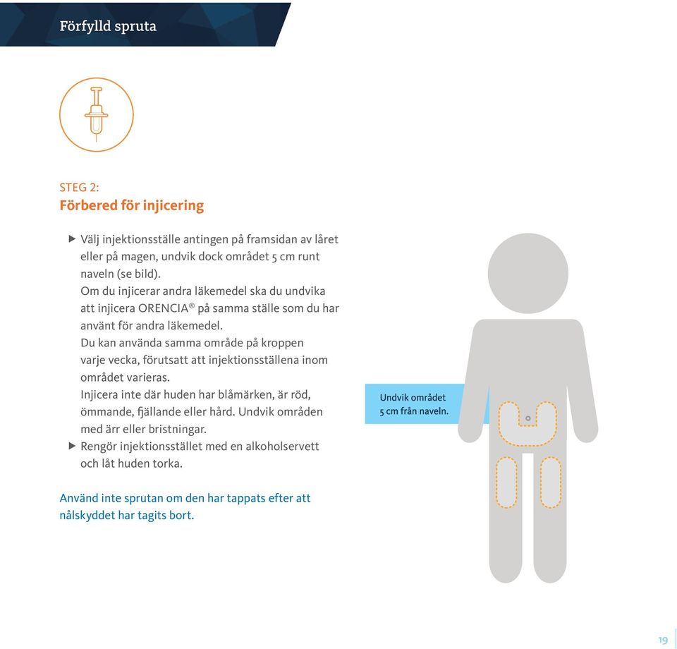 Du kan använda samma område på kroppen varje vecka, förutsatt att injektionsställena inom området varieras.