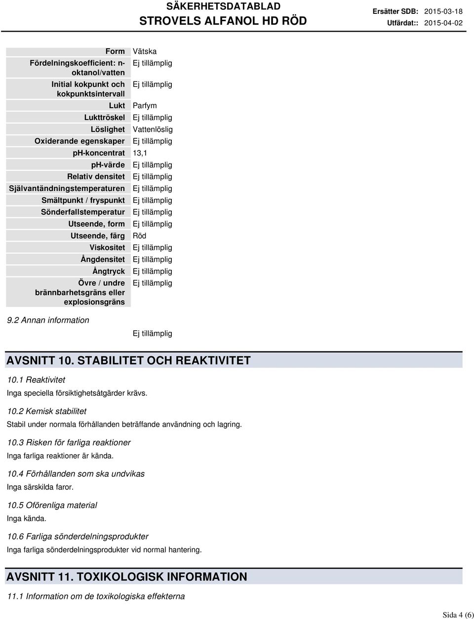 Vattenlöslig Röd 9.2 Annan information AVSNITT 10. STABILITET OCH REAKTIVITET 10.1 Reaktivitet Inga speciella försiktighetsåtgärder krävs. 10.2 Kemisk stabilitet Stabil under normala förhållanden beträffande användning och lagring.