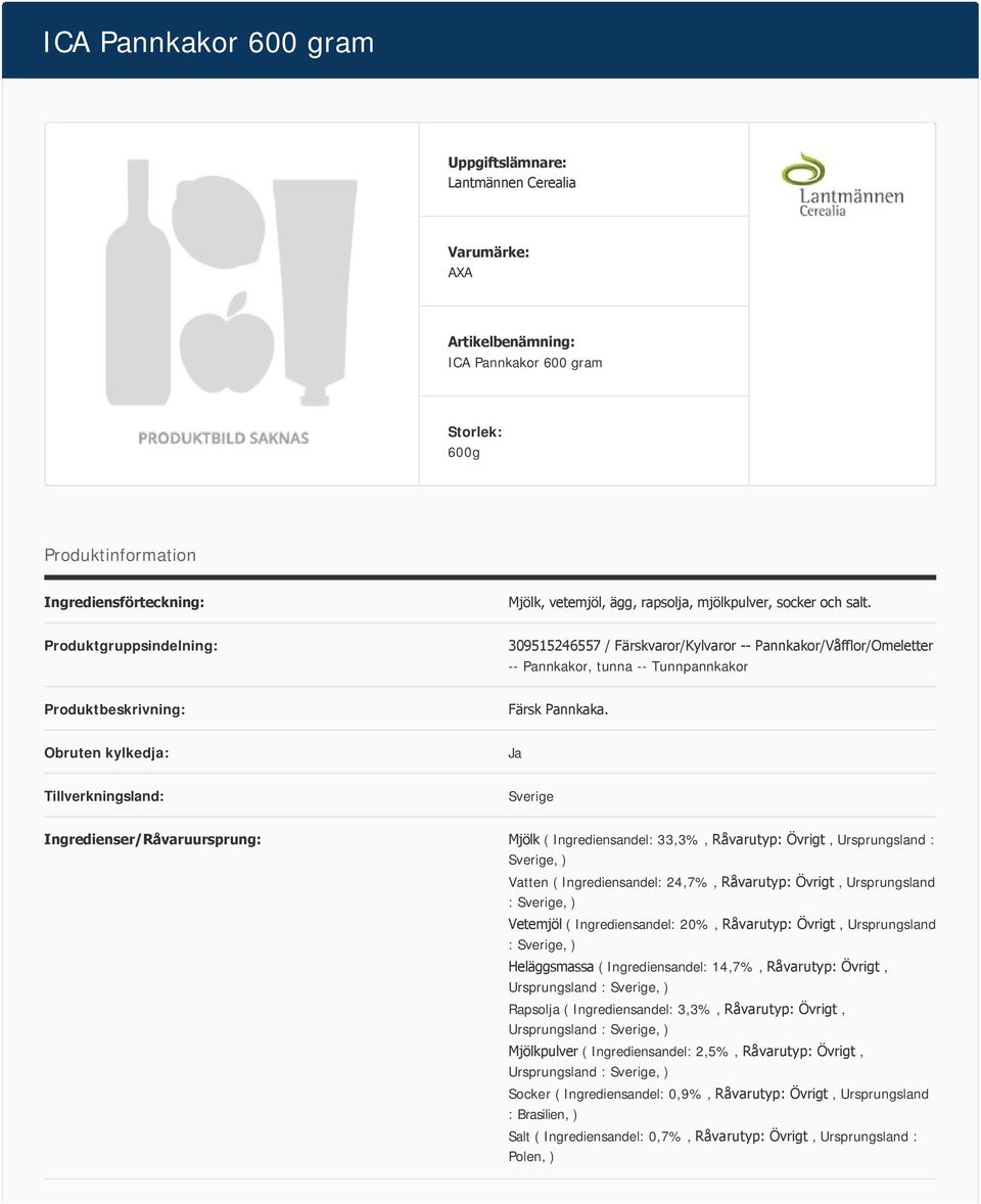 Obruten kylkedja: Ja Tillverkningsland: Sverige Ingredienser/Råvaruursprung: Mjölk ( Ingrediensandel: 33,3%, Råvarutyp: Övrigt, Ursprungsland : Sverige, ) Vatten ( Ingrediensandel: 24,7%, Råvarutyp: