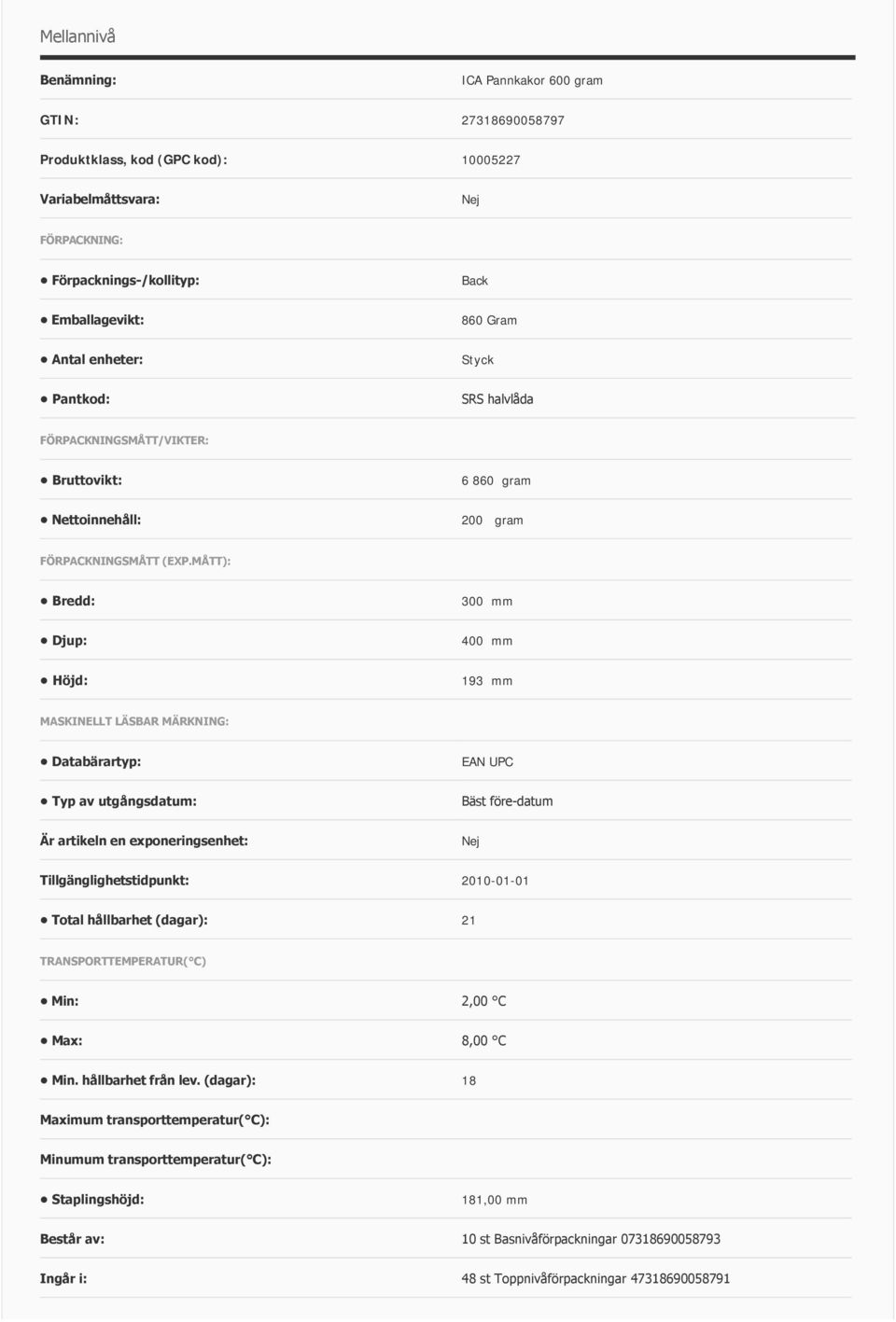 MÅTT): Bredd: 300 mm Djup: 400 mm Höjd: 193 mm MASKINELLT LÄSBAR MÄRKNING: Databärartyp: EAN UPC Typ av utgångsdatum: Bäst före datum Är artikeln en exponeringsenhet: Tillgänglighetstidpunkt: