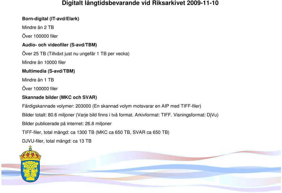 Färdigskannade volymer: 203000 (En skannad volym motsvarar en AIP med TIFF-filer) Bilder totalt: 80.6 miljoner (Varje bild finns i två format. Arkivformat: TIFF.