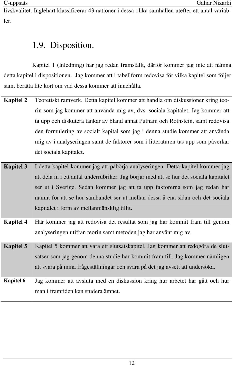 Jag kommer att i tabellform redovisa för vilka kapitel som följer samt berätta lite kort om vad dessa kommer att innehålla. Kapitel 2 Kapitel 3 Kapitel 4 Kapitel 5 Kapitel 6 Teoretiskt ramverk.
