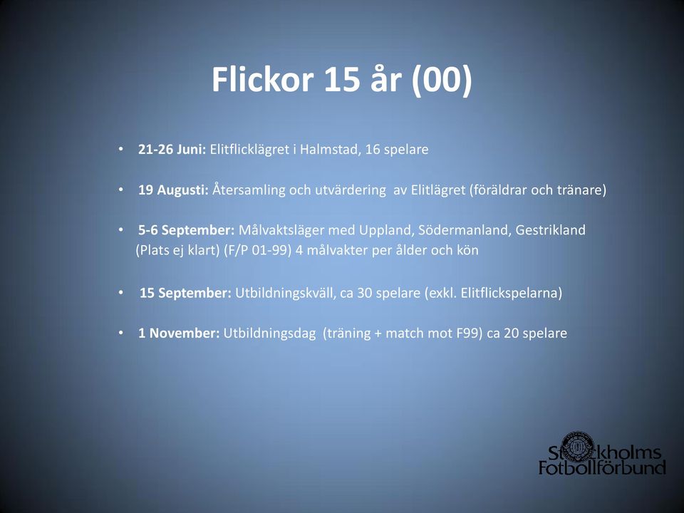 Södermanland, Gestrikland (Plats ej klart) (F/P 01-99) 4 målvakter per ålder och kön 15 September: