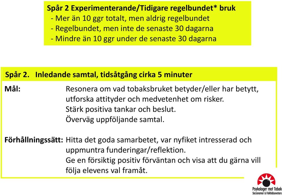 Inledande samtal, tidsåtgång cirka 5 minuter Mål: Resonera om vad tobaksbruket betyder/eller har betytt, utforska attityder och medvetenhet om risker.