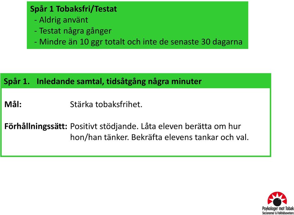 Inledande samtal, tidsåtgång några minuter Mål: Stärka tobaksfrihet.