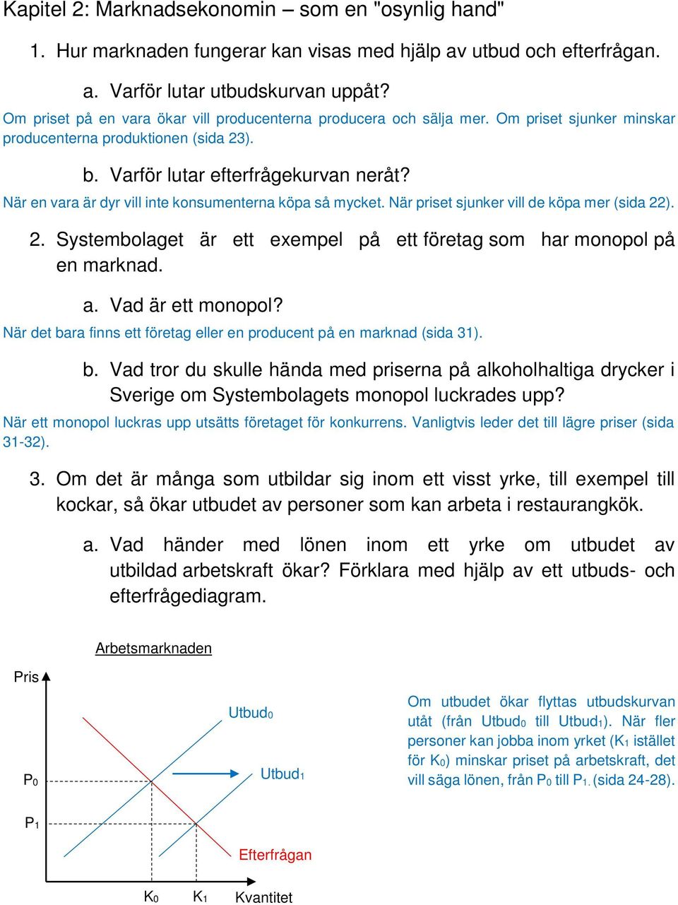 När en vara är dyr vill inte konsumenterna köpa så mycket. När priset sjunker vill de köpa mer (sida 22). 2. Systembolaget är ett exempel på ett företag som har monopol på en marknad. a.