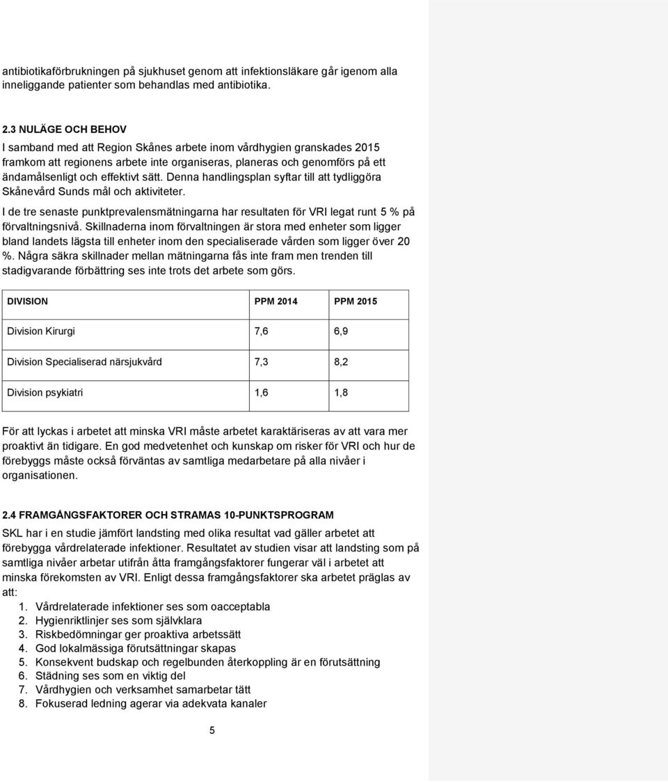 sätt. Denna handlingsplan syftar till att tydliggöra Skånevård Sunds mål och aktiviteter. I de tre senaste punktprevalensmätningarna har resultaten för VRI legat runt 5 % på förvaltningsnivå.