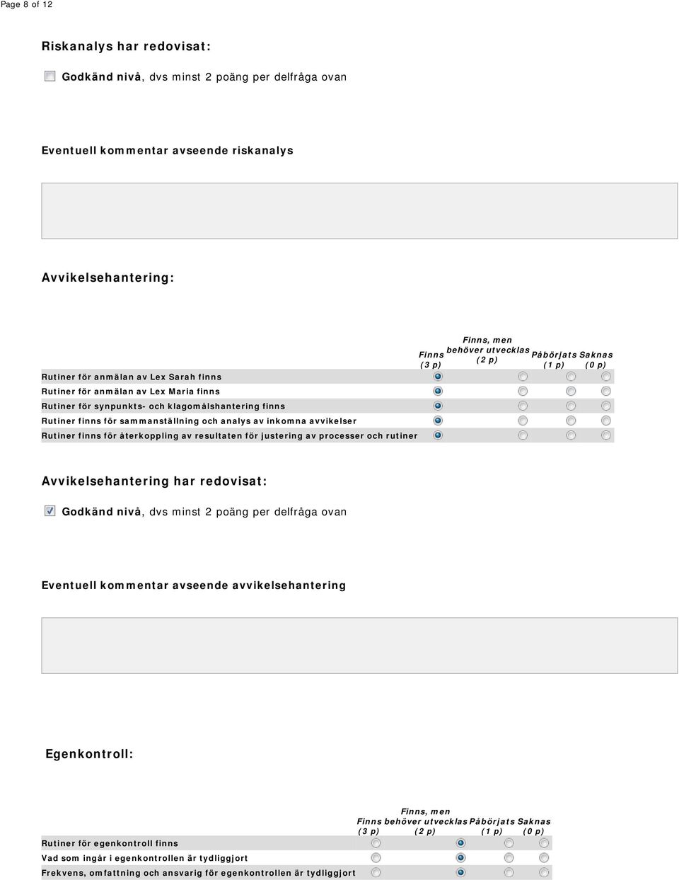 resultaten för justering av processer och rutiner, men behöver utvecklas Avvikelsehantering har redovisat: Godkänd nivå, dvs minst 2 poäng per delfråga ovan Eventuell kommentar avseende