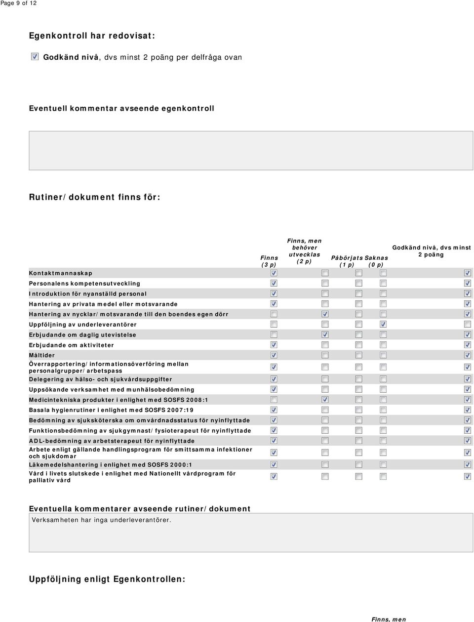 boendes egen dörr Uppföljning av underleverantörer Erbjudande om daglig utevistelse Erbjudande om aktiviteter Måltider Överrapportering/informationsöverföring mellan personalgrupper/arbetspass