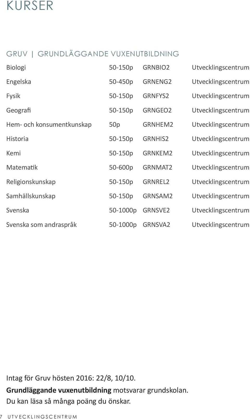 GRNMAT2 Utvecklingscentrum Religionskunskap 50-150p GRNREL2 Utvecklingscentrum Samhällskunskap 50-150p GRNSAM2 Utvecklingscentrum Svenska 50-1000p GRNSVE2 Utvecklingscentrum Svenska som