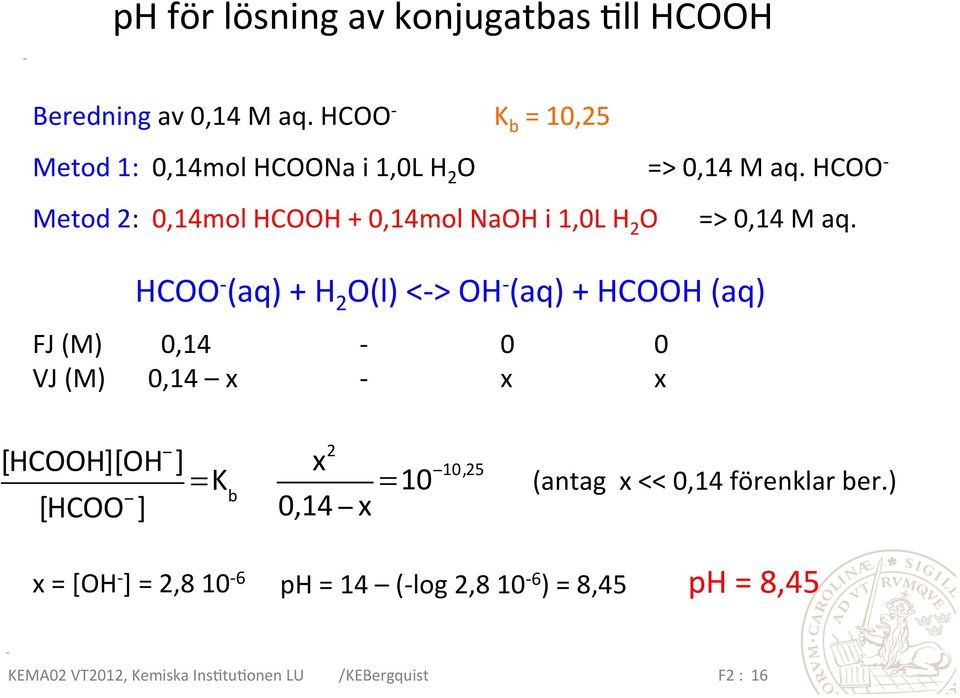 HCOO - Metod 2: 0,14mol HCOOH + 0,14mol NaOH i 1,0L H 2 O => 0,14 M aq.
