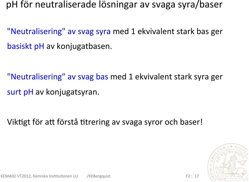 "Neutralisering" av svag bas med 1 ekvivalent stark syra ger surt ph av konjugatsyran.