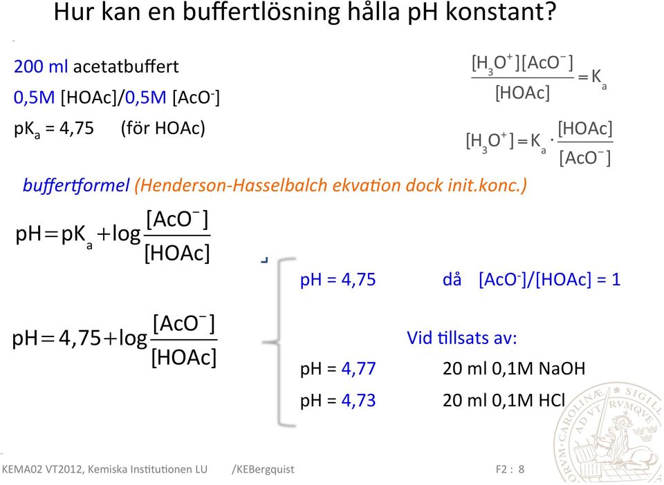 Hasselbalch ekvaion dock init.konc.)!"=!# $ +%&' ()*+!, ("+)*, ph = 4,75 då [AcO - ]/[HOAc] = 1!