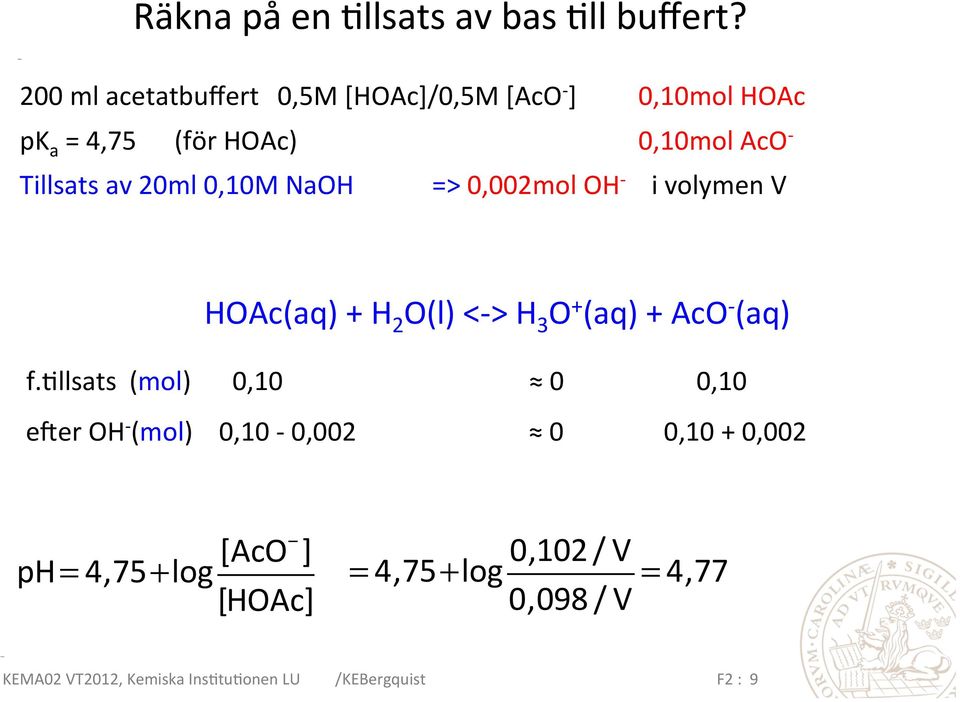 av 20ml 0,10M NaOH => 0,002mol OH - i volymen V HOAc(aq) + H 2 O(l) <- > H 3 O + (aq) + AcO - (aq) f.