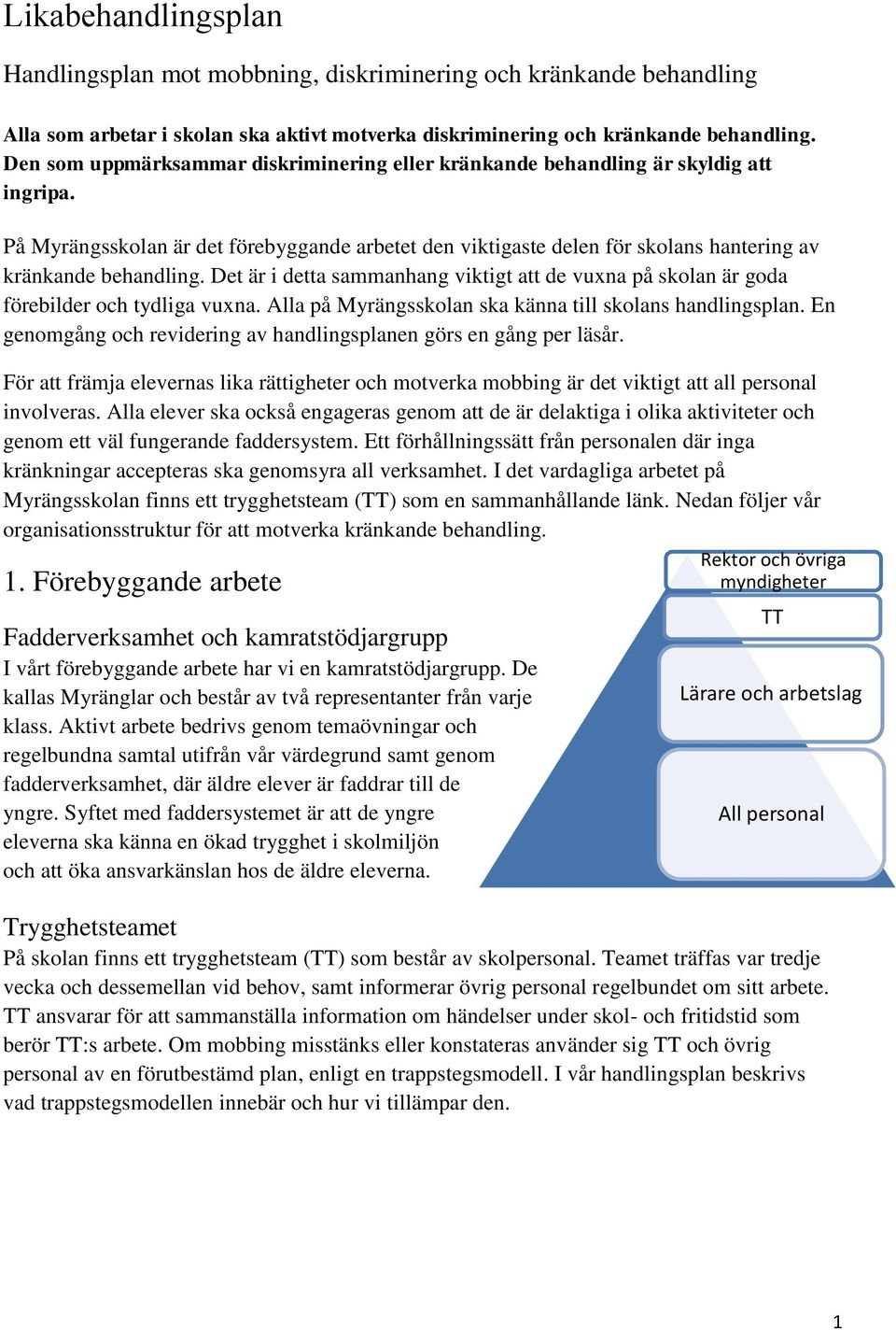 Det är i detta sammanhang viktigt att de vuxna på skolan är goda förebilder och tydliga vuxna. Alla på Myrängsskolan ska känna till skolans handlingsplan.