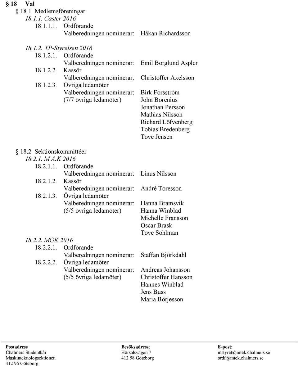 Övriga ledamöter Valberedningen nominerar: Birk Forsström (7/7 övriga ledamöter) John Borenius Jonathan Persson Mathias Nilsson Richard Löfvenberg Tobias Bredenberg Tove Jensen 18.