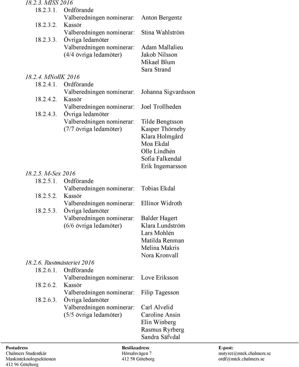 Övriga ledamöter Valberedningen nominerar: Tilde Bengtsson (7/7 övriga ledamöter) Kasper Thörneby Klara Holmgård Moa Ekdal Olle Lindhén Sofia Falkendal Erik Ingemarsson 18