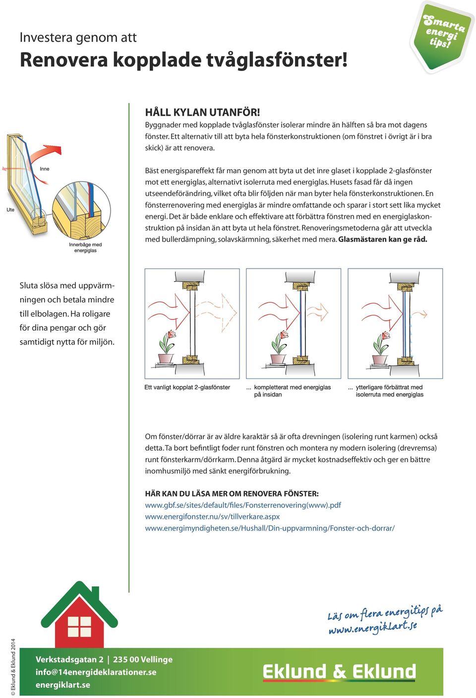 Bäst energispareffekt får man genom att byta ut det inre glaset i kopplade 2-glasfönster mot ett energiglas, alternativt isolerruta med energiglas.