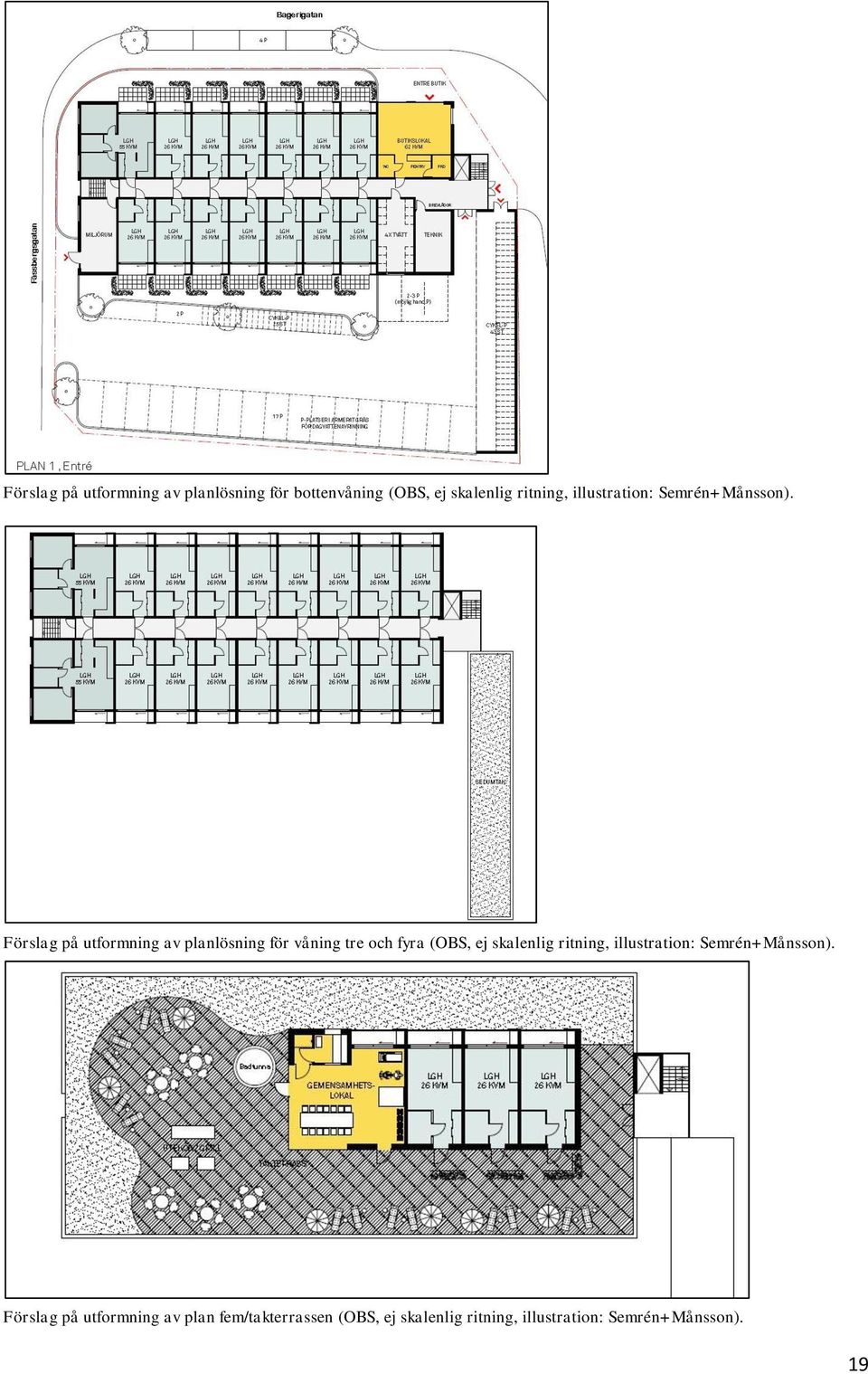 Förslag på utformning av planlösning för våning tre och fyra (OBS, ej skalenlig