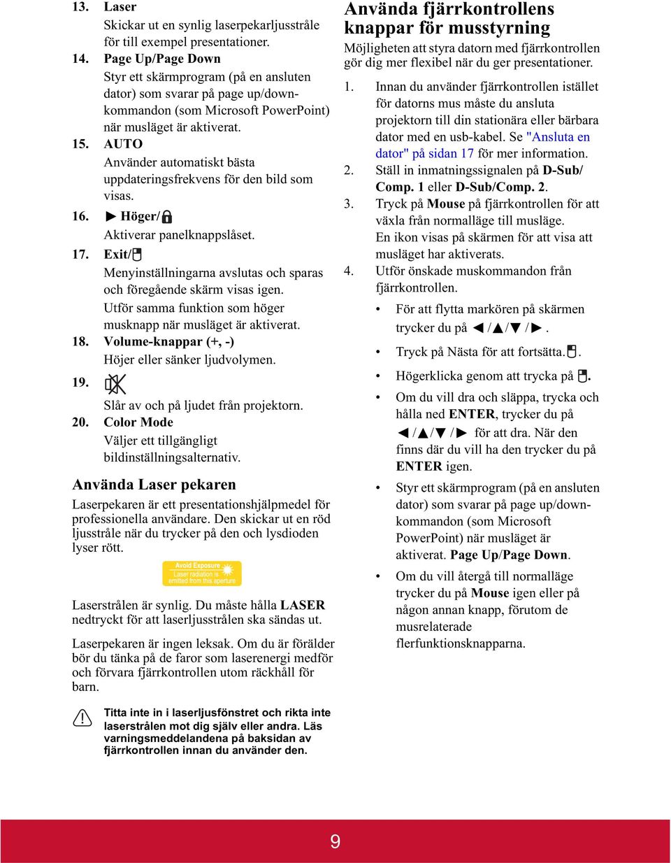 AUTO Använder automatiskt bästa uppdateringsfrekvens för den bild som visas. 16. Höger/ Aktiverar panelknappslåset. 17. Exit/ Menyinställningarna avslutas och sparas och föregående skärm visas igen.