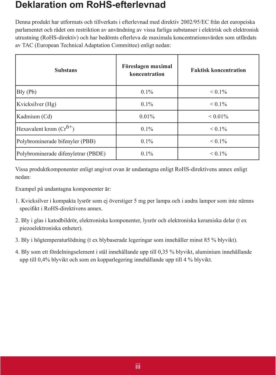 Bly (Pb) Kvicksilver (Hg) Kadmium (Cd) ) Polybrominerade bifenyler (PBB) nedan: 1.