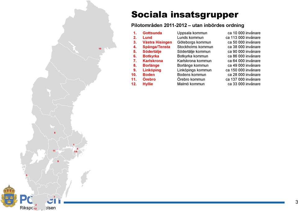 Botkyrka Botkyrka kommun ca 86 000 invånare 7. Karlskrona Karlskrona kommun ca 64 000 invånare 8. Borlänge Borlänge kommun ca 49 000 invånare 9.