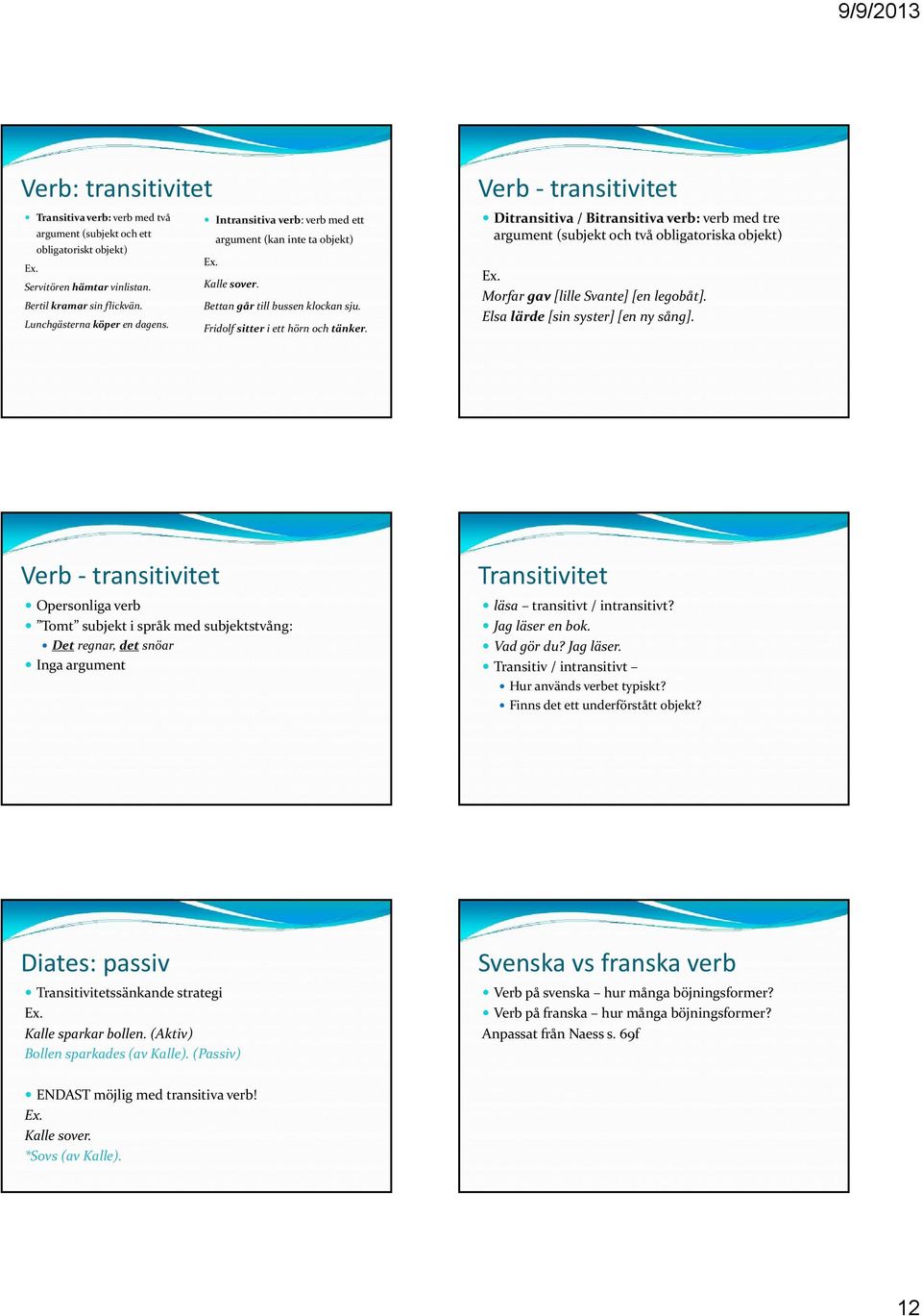 Verb transitivitet Ditransitiva / Bitransitiva verb: verb med tre argument (subjekt och två obligatoriska objekt) Ex. Morfar gav [lille Svante] [en legobåt]. Elsa lärde [sin syster] [en ny sång].
