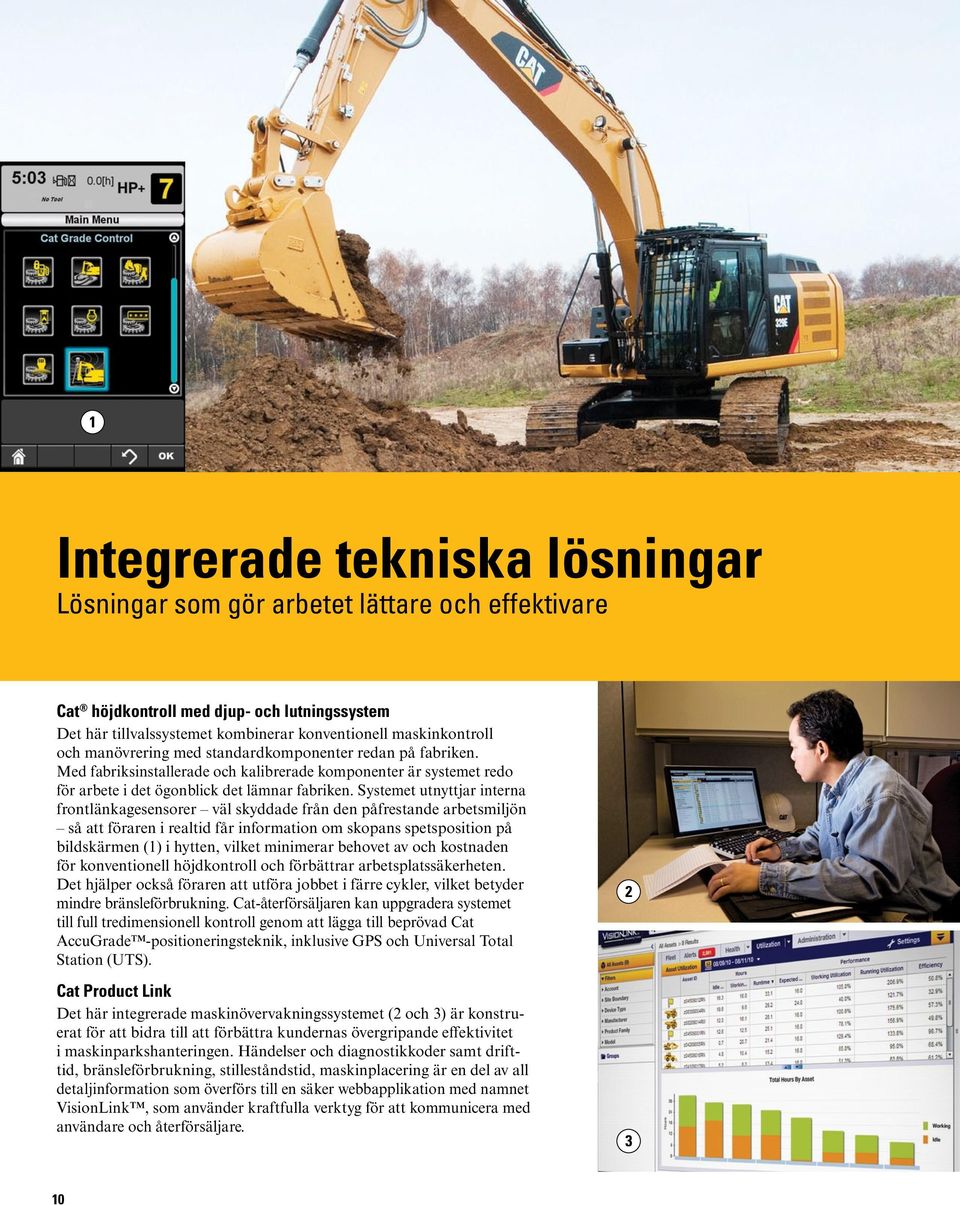 Systemet utnyttjar interna frontlänkagesensorer väl skyddade från den påfrestande arbetsmiljön så att föraren i realtid får information om skopans spetsposition på bildskärmen (1) i hytten, vilket