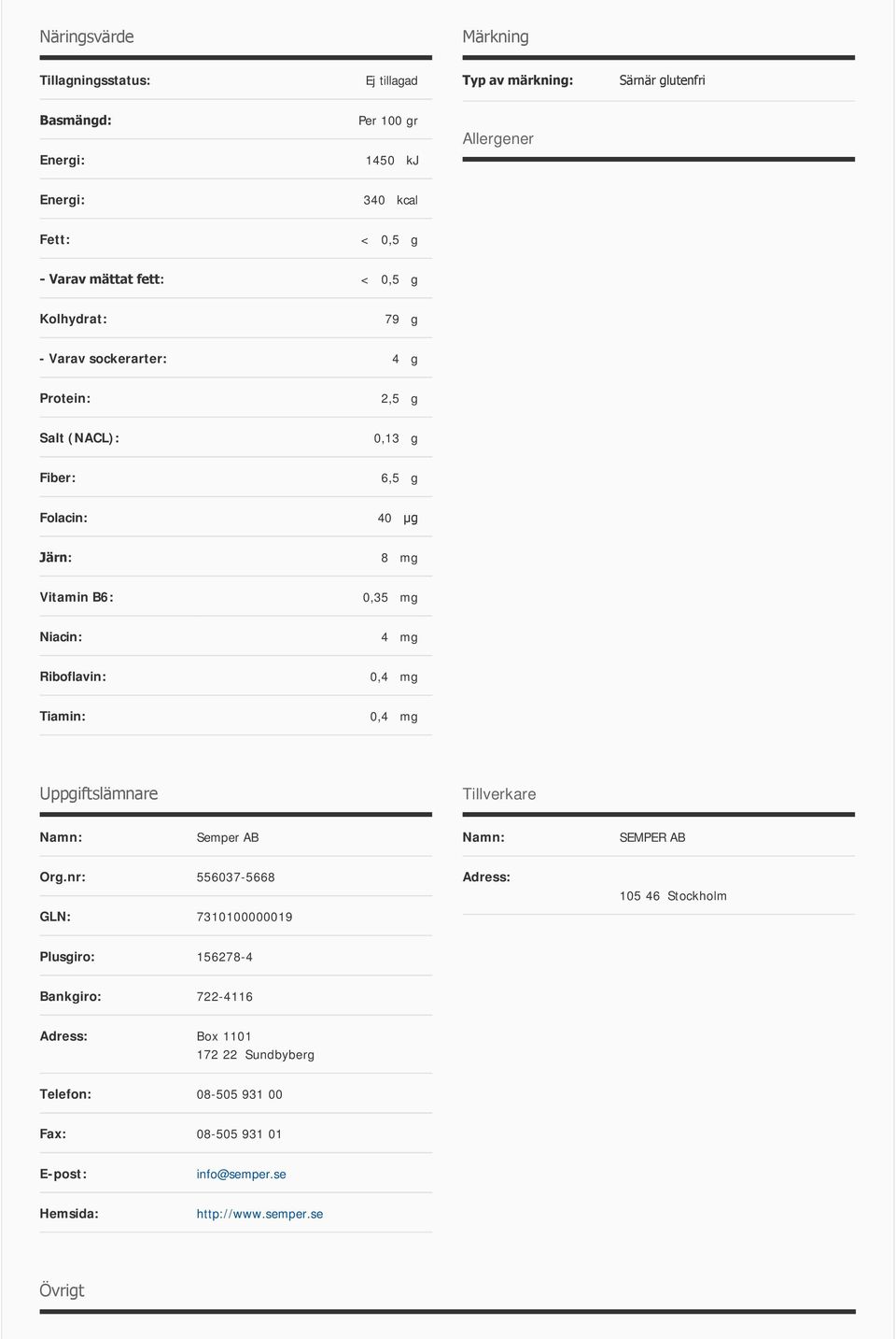 Niacin: 4 mg Riboflavin: 0,4 mg Tiamin: 0,4 mg Uppgiftslämnare Tillverkare Namn: Semper AB Namn: SEMPER AB Org.