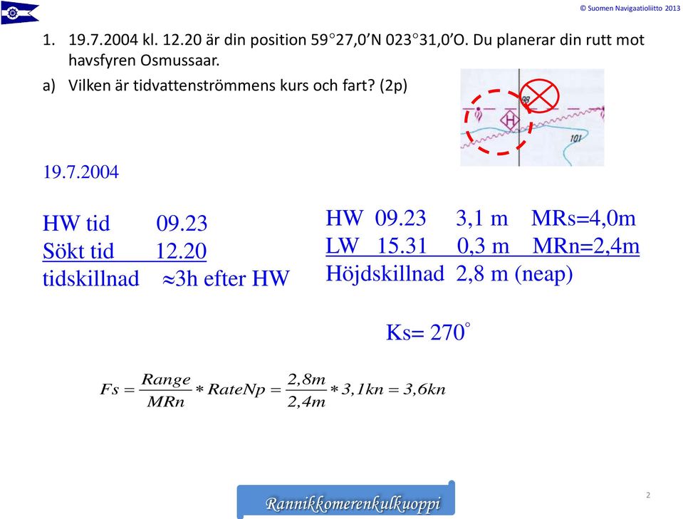 a) Vilken är tidvattenströmmens kurs och fart? (2p) 19.7.2004 HW tid 09.23 Sökt tid 12.