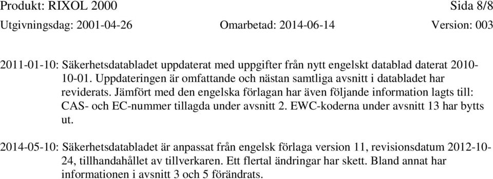 Jämfört med den engelska förlagan har även följande information lagts till: CAS- och EC-nummer tillagda under avsnitt 2.