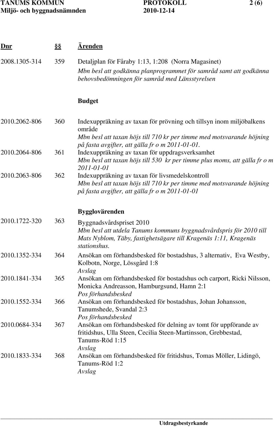 2062-806 360 Indexuppräkning av taxan för prövning och tillsyn inom miljöbalkens område Mbn besl att taxan höjs till 710 kr per timme med motsvarande höjning på fasta avgifter, att gälla fr o m