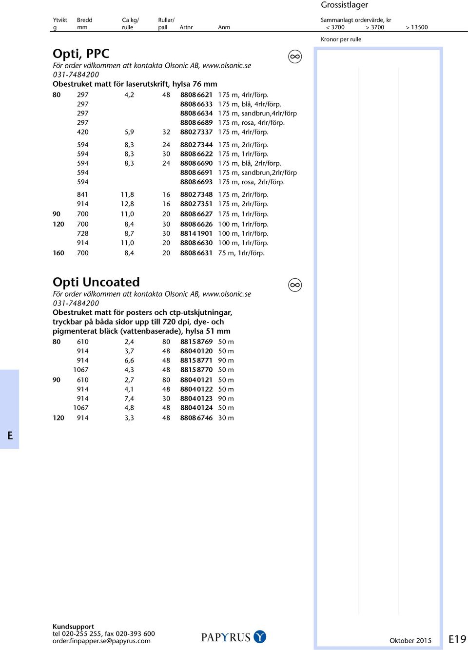 297 8808 6634 0 175 m, sandbrun,4rlr/förp 297 8808 6689 0 175 m, rosa, 4rlr/förp. 420 5,9 32 8802 7337 0 175 m, 4rlr/förp. Kronor per rulle 594 8,3 24 8802 7344 0 175 m, 2rlr/förp.