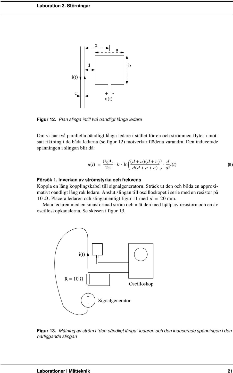 varandra. Den inducerade spänningen i slingan blir då: ut () µ 0 µ r b 2π ( d a)d ( c) ln dd ( a c) d it () dt (9) Försök 1.