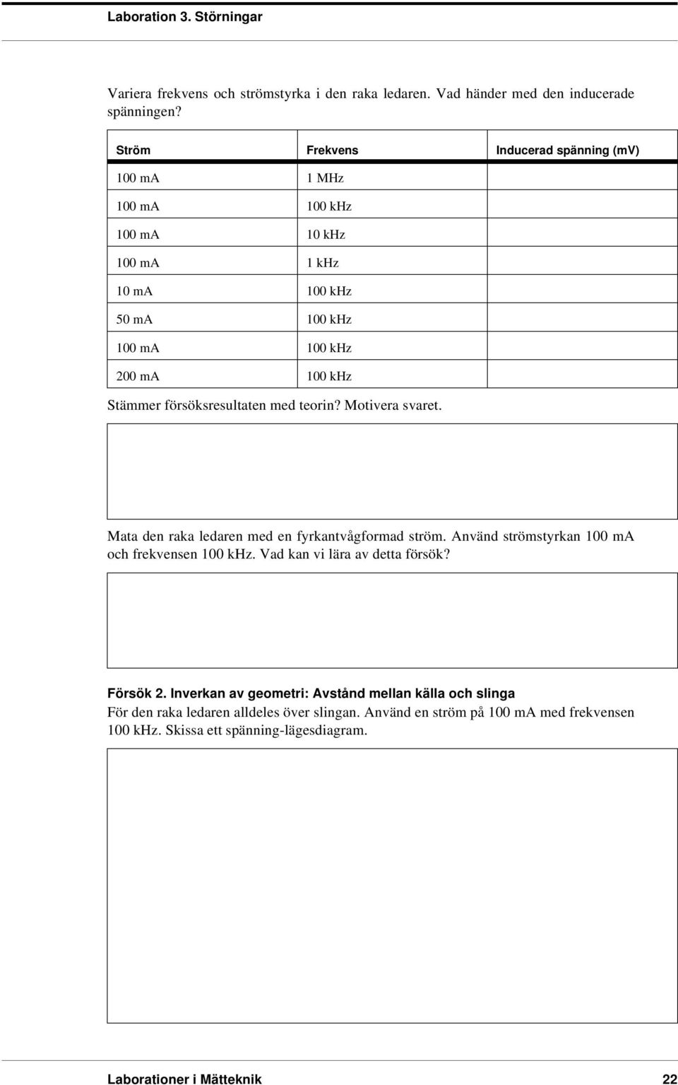 örsöksresultaten med teorin? Motivera svaret. Mata den raka ledaren med en yrkantvågormad ström. Använd strömstyrkan 100 ma och rekvensen 100 khz.