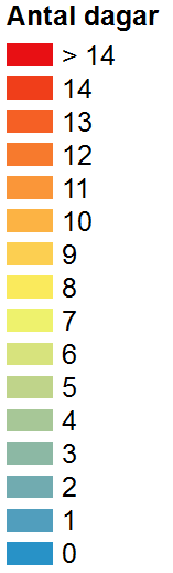 4.8 Värmebölja Observerat 1961-1990 Värmebölja är vanligen ett begrepp för en längre period med höga dagstemperaturer.