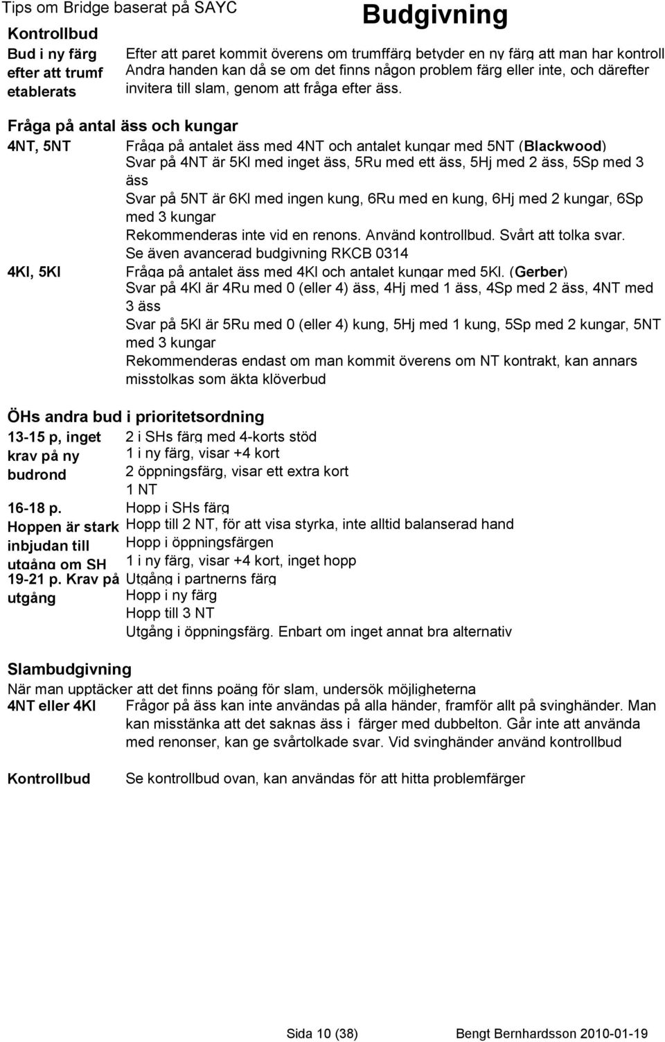 Fråga på antal äss och kungar 4NT, 5NT Fråga på antalet äss med 4NT och antalet kungar med 5NT (Blackwood) Svar på 4NT är 5Kl med inget äss, 5Ru med ett äss, 5Hj med 2 äss, 5Sp med 3 äss Svar på 5NT