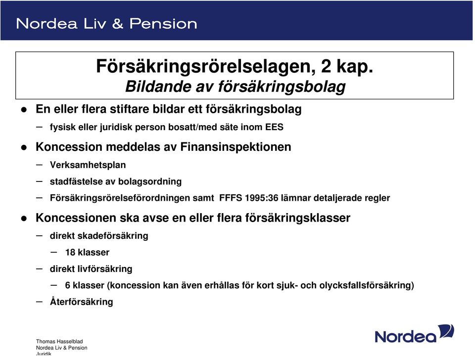 Koncession meddelas av Finansinspektionen Verksamhetsplan stadfästelse av bolagsordning Försäkringsrörelseförordningen samt FFFS