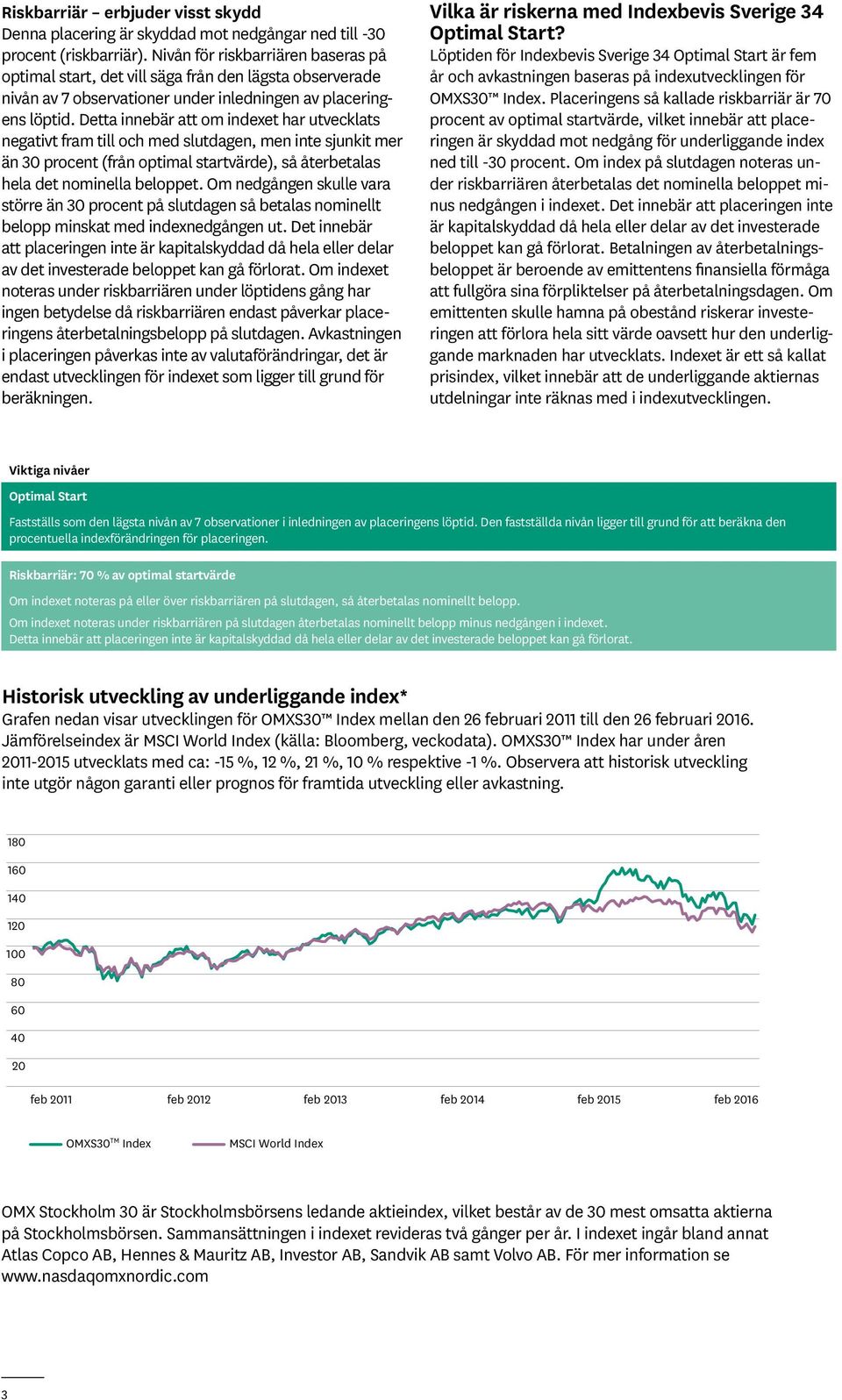 Detta innebär att om indexet har utvecklats negativt fram till och med slutdagen, men inte sjunkit mer än 30 procent (från optimal startvärde), så återbetalas hela det nominella beloppet.