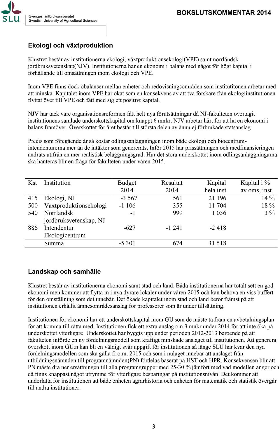 Inom VPE finns dock obalanser mellan enheter och redovisningsområden som institutitonen arbetar med att minska.
