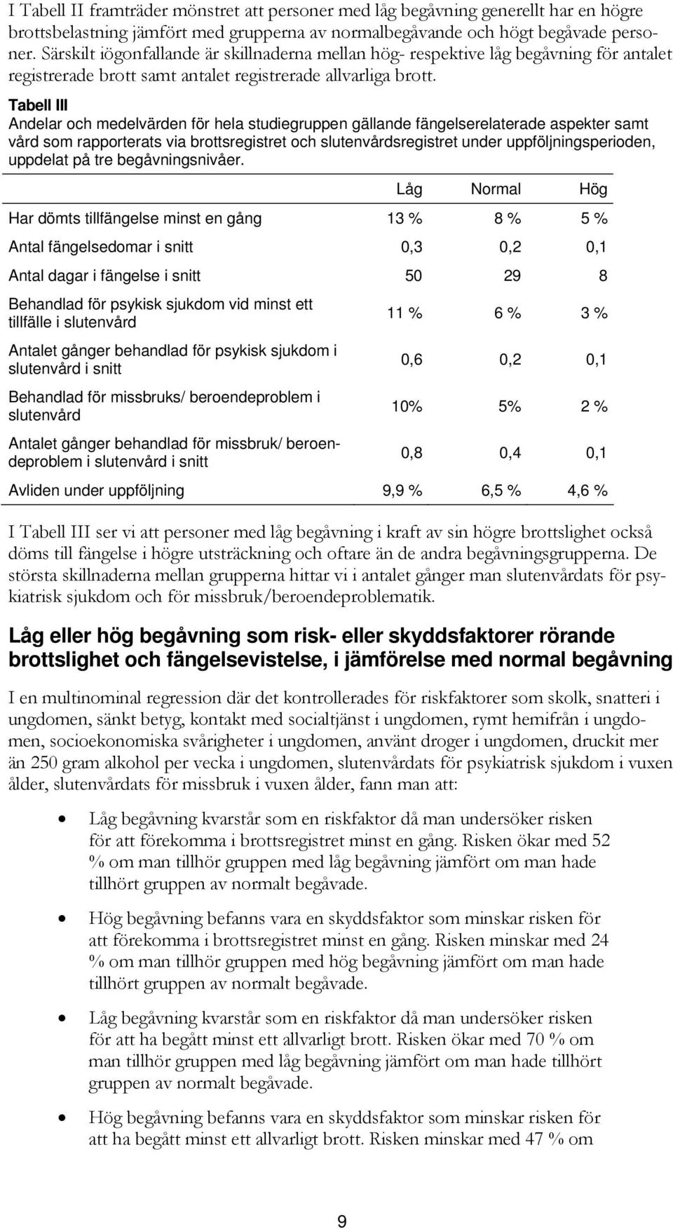 Tabell III Andelar och medelvärden för hela studiegruppen gällande fängelserelaterade aspekter samt vård som rapporterats via brottsregistret och slutenvårdsregistret under uppföljningsperioden,