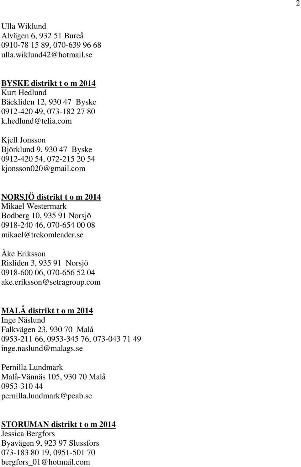 com NORSJÖ distrikt t o m 2014 Mikael Westermark Bodberg 10, 935 91 Norsjö 0918-240 46, 070-654 00 08 mikael@trekomleader.se Åke Eriksson Risliden 3, 935 91 Norsjö 0918-600 06, 070-656 52 04 ake.