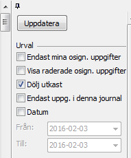 4.12 Löpande journal 4.12.1 Dölj utkast Det är nu möjligt att filtrera bort utkast både vid presentation och utskrift av Löpande journal och vid journalexport.
