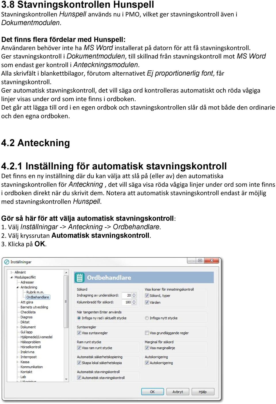 Ger stavningskontroll i Dokumentmodulen, till skillnad från stavningskontroll mot MS Word som endast ger kontroll i Anteckningsmodulen.