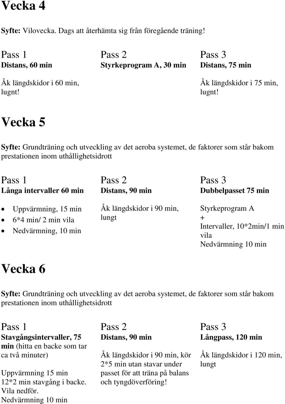 Uppvärmning, 15 min 6*4 min/ 2 min vila Nedvärmning, 10 min Åk längdskidor i 90 min, lungt Styrkeprogram A + Intervaller, 10*2min/1 min vila Vecka 6 Syfte: Grundträning och utveckling av det aeroba