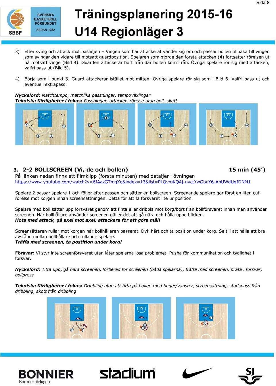 Övriga spelare rör sig med attacken, valfri pass ut (Bild 5). 4) Börja som i punkt 3. Guard attackerar istället mot mitten. Övriga spelare rör sig som i Bild 6. Valfri pass ut och eventuell extrapass.