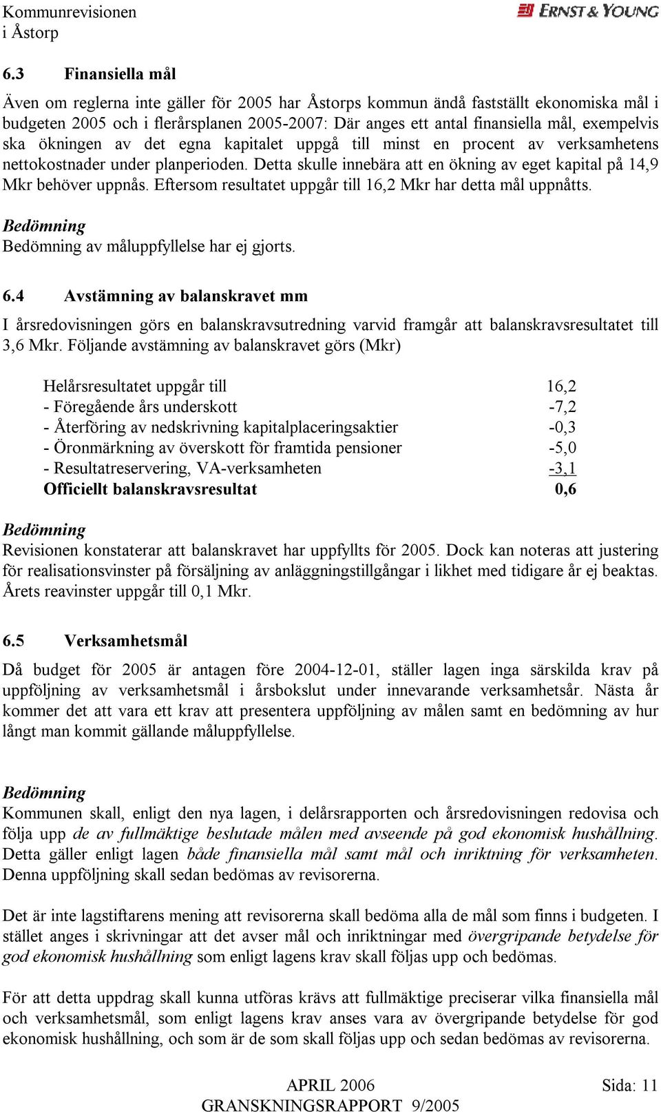 Detta skulle innebära att en ökning av eget kapital på 14,9 Mkr behöver uppnås. Eftersom resultatet uppgår till 16,2 Mkr har detta mål uppnåtts. Bedömning Bedömning av måluppfyllelse har ej gjorts. 6.