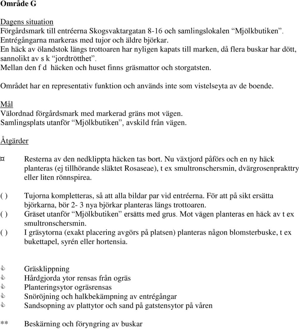 Området har en representativ funktion och används inte som vistelseyta av de boende. Välordnad förgårdsmark med markerad gräns mot vägen. Samlingsplats utanför Mjölkbutiken, avskild från vägen.